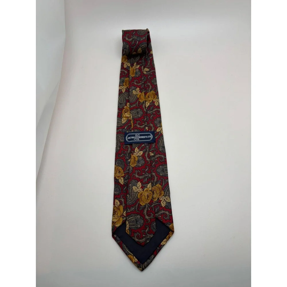 Jacobs Roberts Ltd Mens Silk Necktie Red Gold Floral Paisley Rose Print Tie